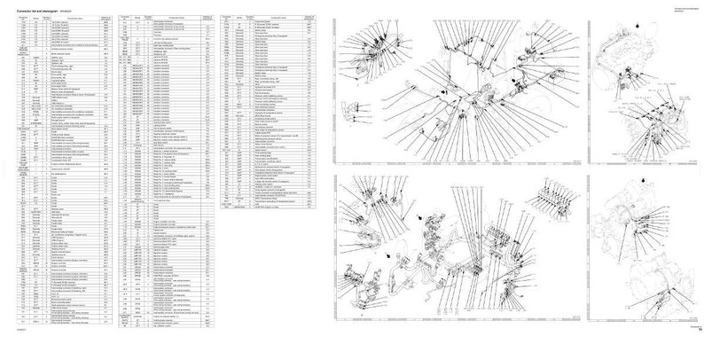 May include: Detailed technical diagrams and a parts list. The diagrams are black and white line drawings of mechanical components, with connecting lines and labels. The parts list is a table with multiple columns and rows of text.
