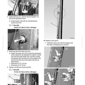 May include: Diagram of cab disassembly and assembly instructions. Includes close-up images of parts like washers, nuts, wiper arms, and caps. Measurements are provided in millimeters and Newton meters.