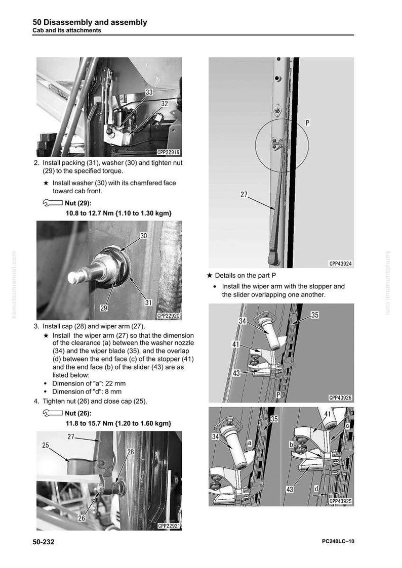 May include: Diagram of cab disassembly and assembly instructions. Includes close-up images of parts like washers, nuts, wiper arms, and caps. Measurements are provided in millimeters and Newton meters.