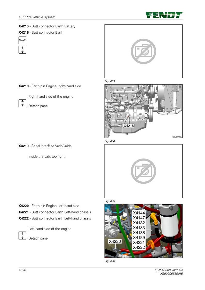 May include: Diagram from a Fendt 300 Vario S4 manual. The page includes diagrams of the vehicle's engine and electrical components, with labels such as "Earth pin Engine" and "Butt connector Earth".