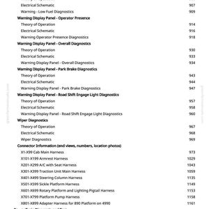May include: A detailed page from a manual, featuring a table of contents with various diagnostic topics. The text includes sections on electrical schematics, warning display panels, and connector information. The page also lists page numbers.