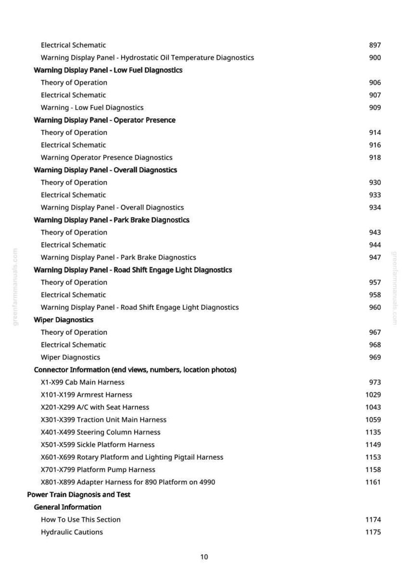 May include: A detailed page from a manual, featuring a table of contents with various diagnostic topics. The text includes sections on electrical schematics, warning display panels, and connector information. The page also lists page numbers.