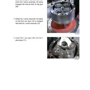 May include: Images depict mechanical components, including gears and assemblies. One image shows a partially assembled gear system with multiple gears. Another image shows a close-up of a gear assembly with a gloved hand. The text provides assembly instructions.