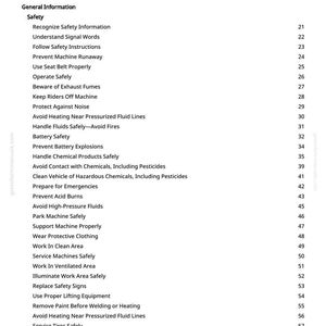May include: A white page titled "Table of Contents" with a list of safety-related topics. The list includes topics like "Prevent Machine Runaway", "Avoid Heating Near Pressurized Fluid Lines", and "Use Proper Tools".