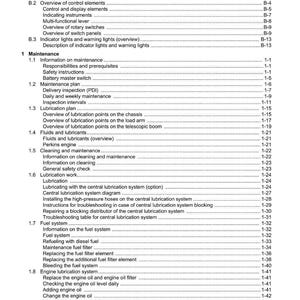 Peut inclure: Une table des mati&egrave;res d&eacute;taill&eacute;e d'un manuel Weidemann, avec des sections sur la maintenance, la lubrification et le syst&egrave;me de carburant. Le document comprend des num&eacute;ros de page et des sous-titres.