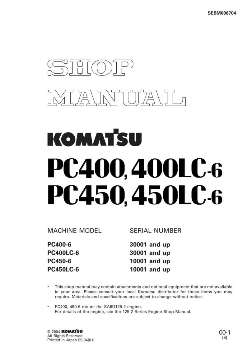 Puede incluir: Un manual de taller con el logotipo de Komatsu y los n&uacute;meros de modelo PC400, 400LC-6, PC450 y 450LC-6. El manual incluye informaci&oacute;n sobre el modelo de m&aacute;quina y el n&uacute;mero de serie. Texto negro sobre fondo blanco.