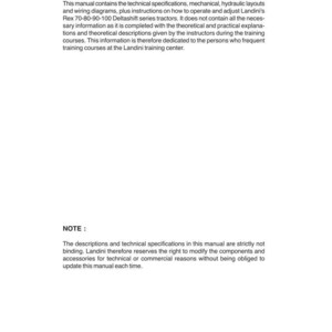 Puede incluir: Un manual blanco con texto negro que contiene especificaciones t&eacute;cnicas y diagramas para tractores Landini. El texto incluye el t&iacute;tulo "PREFACE" e informaci&oacute;n sobre cursos de formaci&oacute;n.