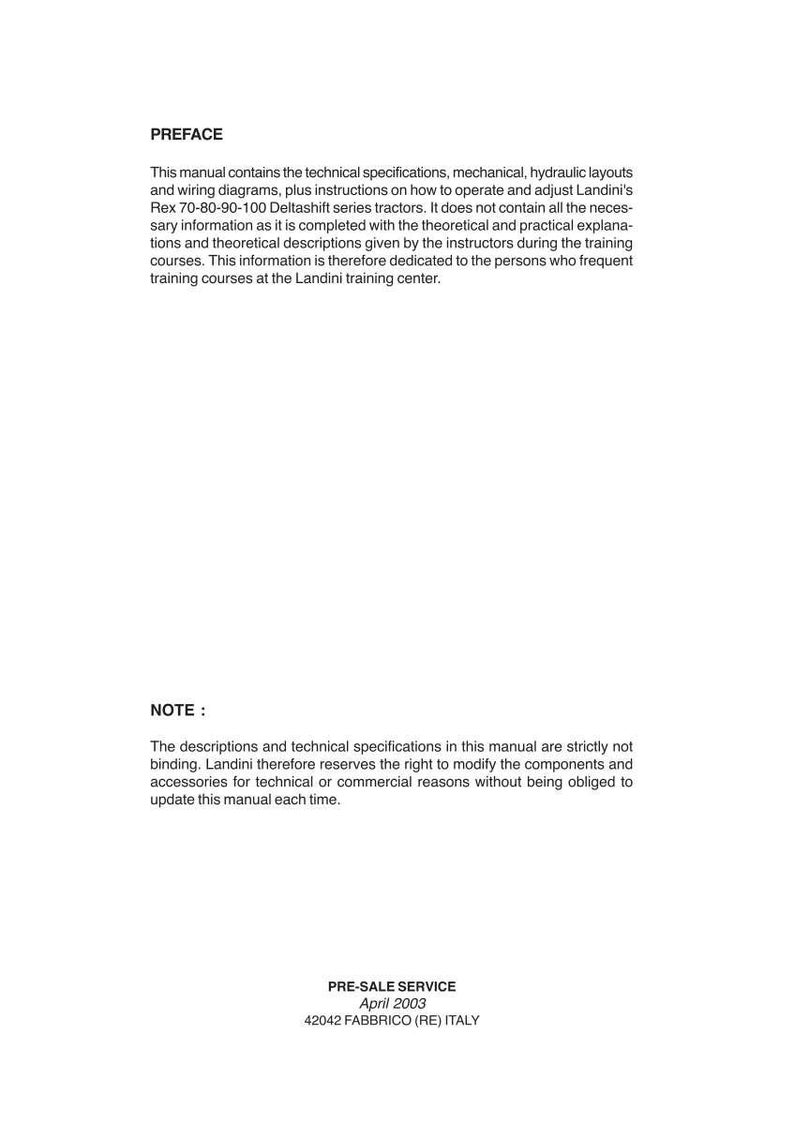 Puede incluir: Un manual blanco con texto negro que contiene especificaciones t&eacute;cnicas y diagramas para tractores Landini. El texto incluye el t&iacute;tulo "PREFACE" e informaci&oacute;n sobre cursos de formaci&oacute;n.