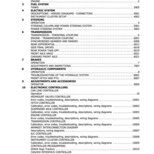 May include: A page from a manual with a table of contents, listing sections on engine, fuel system, brakes, and electronic controllers. The document includes section numbers and titles, with a white background and black text.