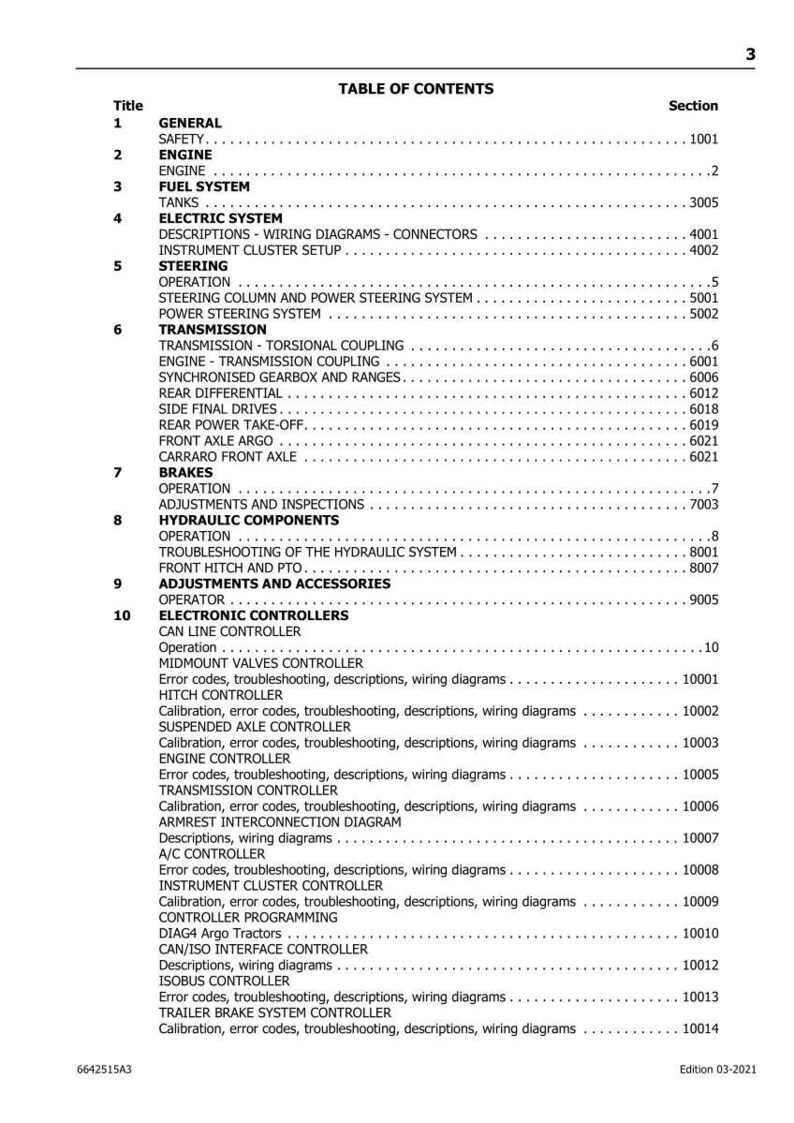 May include: A page from a manual with a table of contents, listing sections on engine, fuel system, brakes, and electronic controllers. The document includes section numbers and titles, with a white background and black text.