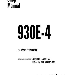Puede incluir: Una portada de manual de taller blanca con texto negro. El t&iacute;tulo "Shop Manual" est&aacute; en la parte superior, con "930E-4" en negrita grande. Debajo, est&aacute; escrito "DUMP TRUCK". Tambi&eacute;n se incluyen los n&uacute;meros de serie A31049 - A31162 y "U.S.A. EPA TIER 4 COMPLIANT". El logotipo de Komatsu est&aacute; en la parte inferior.