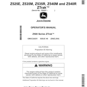 May include: A white and black John Deere ZTrak operator's manual. The manual includes warnings about diesel engine exhaust and gasoline engine exhaust. The manual is for Z525E, Z535M, Z535R, Z540M and Z540R ZTrak models.