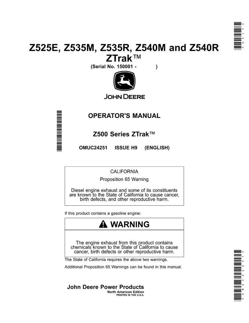 May include: A white and black John Deere ZTrak operator's manual. The manual includes warnings about diesel engine exhaust and gasoline engine exhaust. The manual is for Z525E, Z535M, Z535R, Z540M and Z540R ZTrak models.