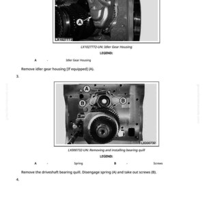 May include: Technical diagram showing automotive parts, including an idler gear housing and bearing quill. The image includes labels and instructions for removal and installation of components. Text includes "LX1027772-UN" and "LX000732-UN".