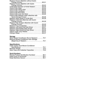 May include: A printed page from a manual, listing contents and page numbers. Topics include knife replacement, mower maintenance, and storage instructions. The text is black on a white background.