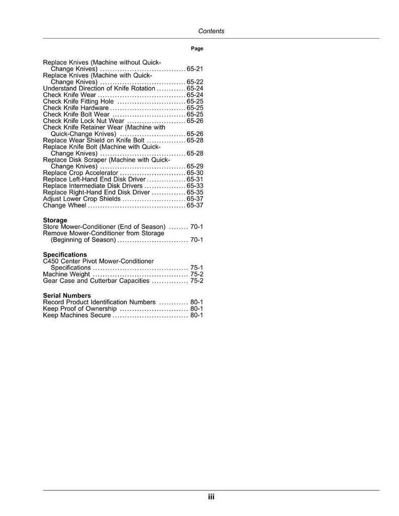 May include: A printed page from a manual, listing contents and page numbers. Topics include knife replacement, mower maintenance, and storage instructions. The text is black on a white background.