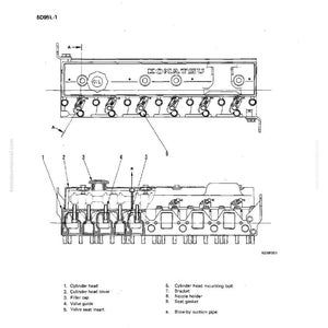 May include: Diagram of an engine body, labeled "6D95L-1," with detailed illustrations of its structure and function. The diagram includes labels for various components such as the cylinder head, cover, and mounting bolt. The Komatsu logo is visible.