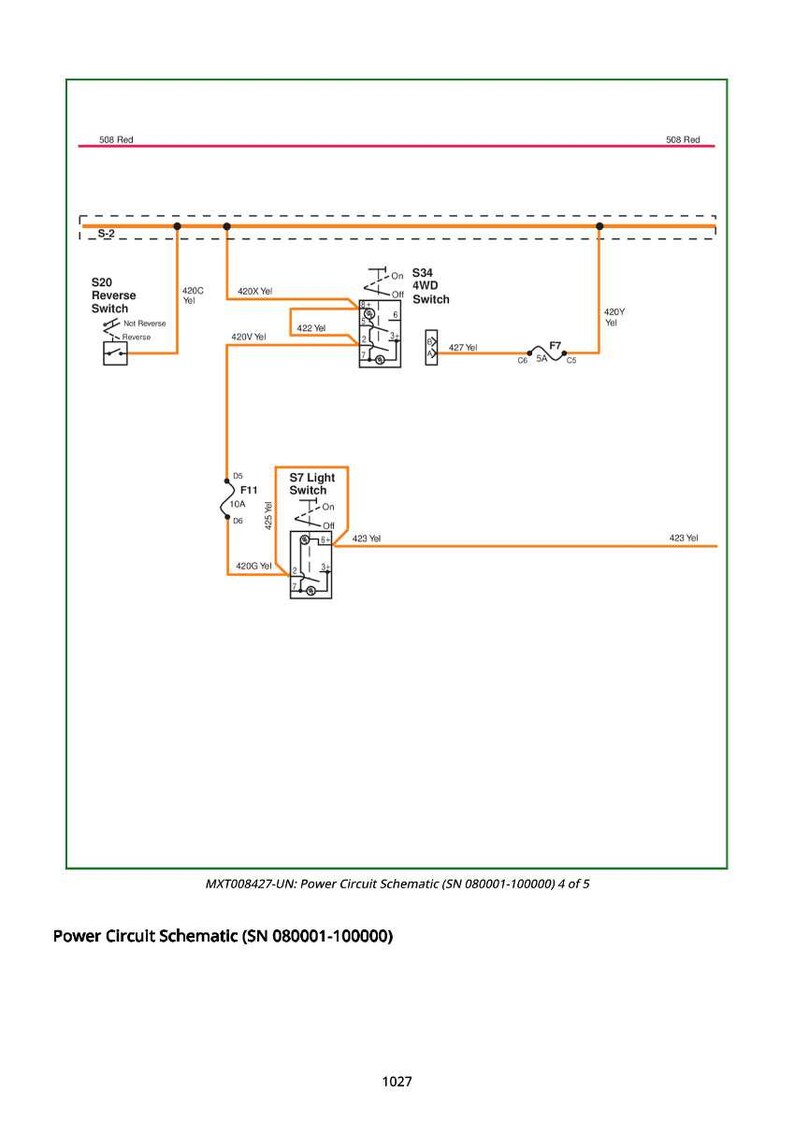 K&ouml;nnte beinhalten: Ein Stromlaufplan mit beschrifteten Komponenten, einschlie&szlig;lich Schaltern und Leitungen. Das Diagramm verwendet ein Farbsystem mit roten und gelben Linien und enth&auml;lt Textbezeichnungen wie "Reverse Switch" und "4WD Switch".