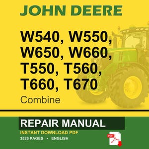 May include: A John Deere repair manual cover with a yellow and green background. The text includes "JOHN DEERE", combine model numbers, and "REPAIR MANUAL". A green tractor is visible on the right side of the image.