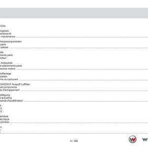 May include: A page from a manual with the title "Contents" in English, German, and French. The table of contents lists various engine and service-related parts, including "Fuel system" and "Exhaust components."
