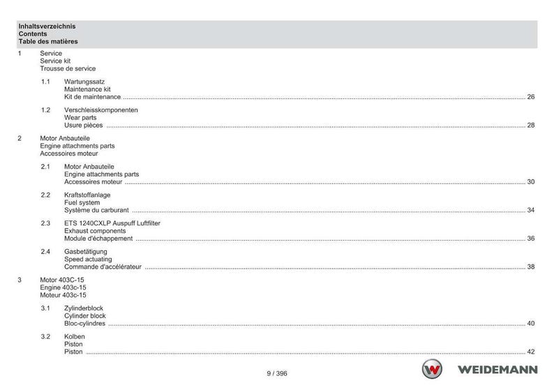 May include: A page from a manual with the title "Contents" in English, German, and French. The table of contents lists various engine and service-related parts, including "Fuel system" and "Exhaust components."
