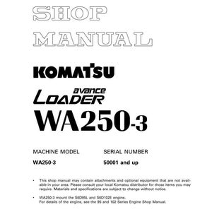 Op de afbeelding: Een witte shop manual cover met de tekst "SHOP MANUAL" in een vetgedrukte, omlijnde letter. Daaronder staan het Komatsu-logo en "avance LOADER WA250-3" in zwart weergegeven. Het machinemodel en serienummer staan ook vermeld.