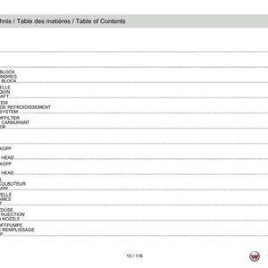 May include: A page from a technical manual with the title "Table of Contents" in English, French, and German. The page lists various engine components, including the fuel filter, piston, and cylinder head. The page number is 10/116.