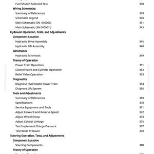May include: A manual page featuring a detailed table of contents. Sections include "Wiring Schematics", "Hydraulic Operation, Tests, and Adjustments", and "Steering Operation, Tests, and Adjustments". Page numbers are displayed on the right.