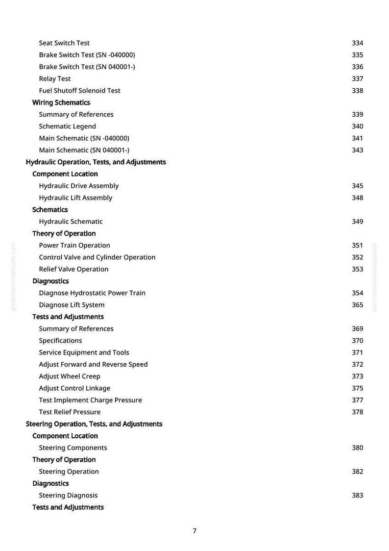 May include: A manual page featuring a detailed table of contents. Sections include "Wiring Schematics", "Hydraulic Operation, Tests, and Adjustments", and "Steering Operation, Tests, and Adjustments". Page numbers are displayed on the right.