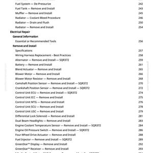 K&ouml;nnte beinhalten: Eine Seite aus einem Handbuch mit einer Liste von Kfz-Reparaturverfahren, darunter "Exhaust System - Remove and Install" und "Fuel Filter - Remove and Install". Der Text ist schwarz auf wei&szlig;em Hintergrund, mit Seitenzahlen rechts.