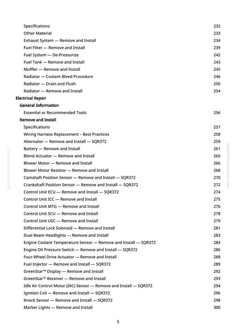 K&ouml;nnte beinhalten: Eine Seite aus einem Handbuch mit einer Liste von Kfz-Reparaturverfahren, darunter "Exhaust System - Remove and Install" und "Fuel Filter - Remove and Install". Der Text ist schwarz auf wei&szlig;em Hintergrund, mit Seitenzahlen rechts.