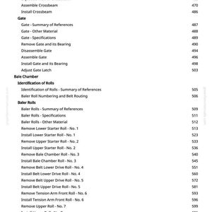 May include: A detailed table of contents from a manual, featuring a list of procedures and specifications related to machinery components. The text includes terms like "Crossbeam," "Gate," and "Bale Chamber," with corresponding page numbers.