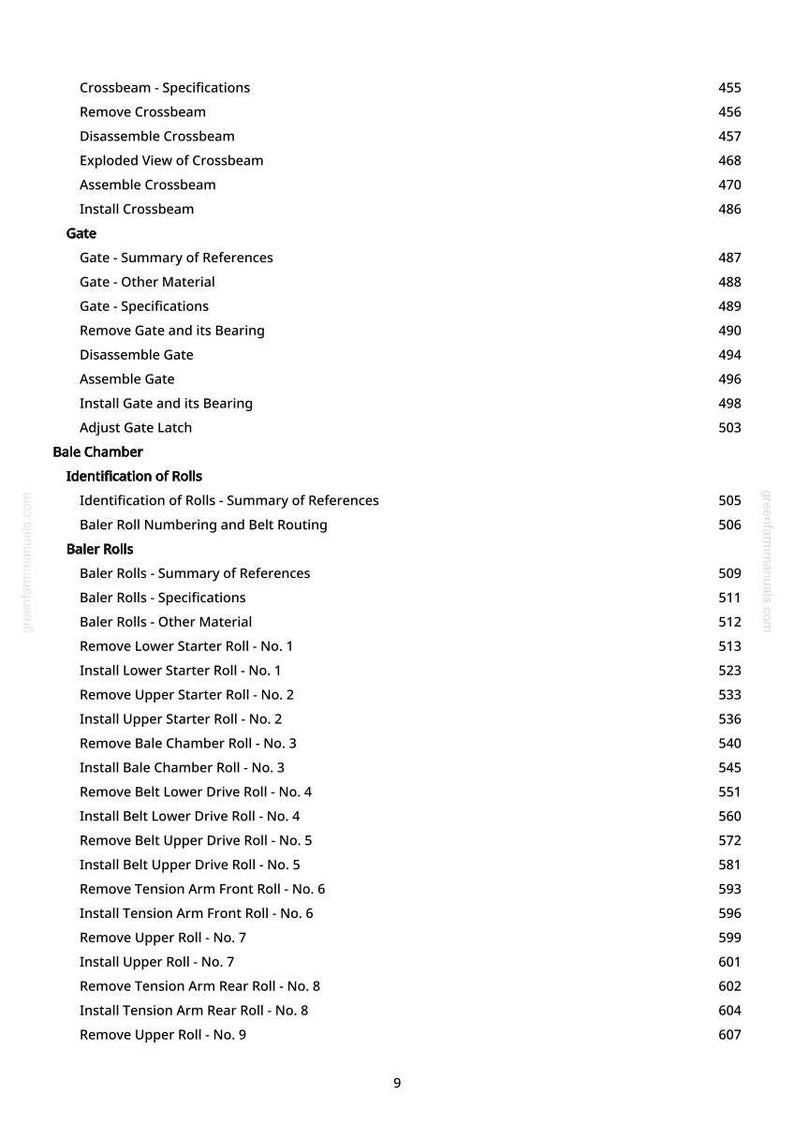 May include: A detailed table of contents from a manual, featuring a list of procedures and specifications related to machinery components. The text includes terms like "Crossbeam," "Gate," and "Bale Chamber," with corresponding page numbers.