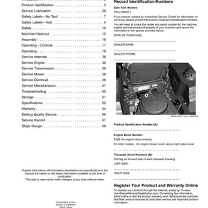 K&ouml;nnte beinhalten: Eine Seite aus einem Handbuch mit den Titeln &bdquo;Inhaltsverzeichnis&ldquo; und &bdquo;Produktidentifikation&ldquo;. Das Handbuch enth&auml;lt Abschnitte zu Sicherheit, Service und Spezifikationen. Das Bild zeigt auch eine Maschinenkomponente und Registrierungsinformationen.