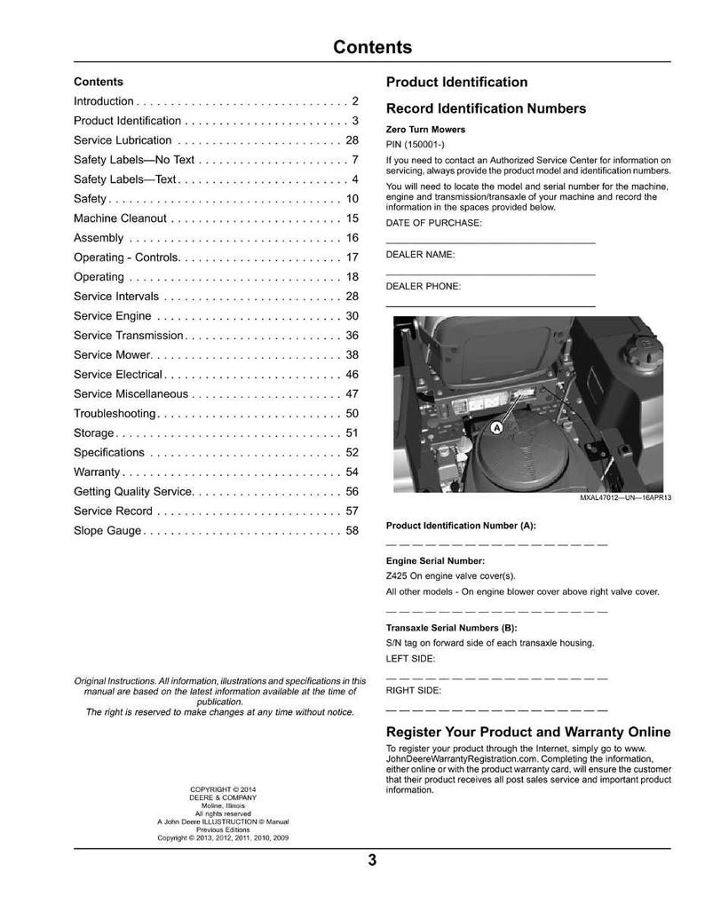 K&ouml;nnte beinhalten: Eine Seite aus einem Handbuch mit den Titeln &bdquo;Inhaltsverzeichnis&ldquo; und &bdquo;Produktidentifikation&ldquo;. Das Handbuch enth&auml;lt Abschnitte zu Sicherheit, Service und Spezifikationen. Das Bild zeigt auch eine Maschinenkomponente und Registrierungsinformationen.