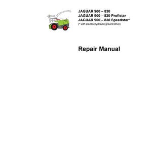 Peut inclure: Un manuel de r&eacute;paration avec le texte "Repair Manual" en noir. Le manuel r&eacute;pertorie les mod&egrave;les JAGUAR 900-830, JAGUAR 900-830 Profistar et JAGUAR 900-830 Speedstar. Une petite illustration d'une machine agricole verte et rouge est &eacute;galement pr&eacute;sente.