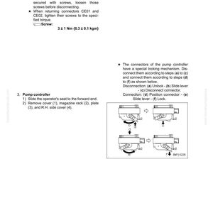 Pode incluir: Diagrama t&eacute;cnico de um manual, detalhando as etapas para solu&ccedil;&atilde;o de problemas do sistema el&eacute;trico. Inclui diagramas de conectores, alavancas e parafusos, com instru&ccedil;&otilde;es de texto para as opera&ccedil;&otilde;es do controlador da bomba. O texto inclui medidas em Nm.