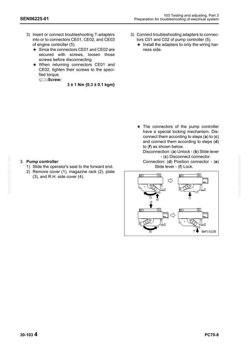 Pode incluir: Diagrama t&eacute;cnico de um manual, detalhando as etapas para solu&ccedil;&atilde;o de problemas do sistema el&eacute;trico. Inclui diagramas de conectores, alavancas e parafusos, com instru&ccedil;&otilde;es de texto para as opera&ccedil;&otilde;es do controlador da bomba. O texto inclui medidas em Nm.