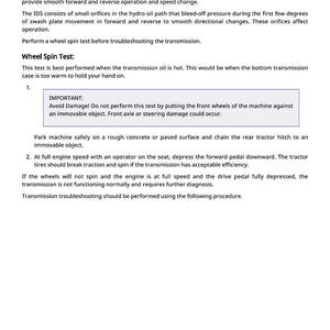 May include: A white document titled "Diagnose Hydrostatic Transaxle - Wheel Spin Test" with instructions for testing a transmission. The text includes safety warnings and step-by-step procedures for the test.