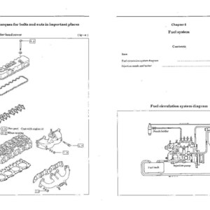 Puede incluir: Diagramas de un manual que muestran componentes del motor y un esquema del sistema de combustible. La p&aacute;gina izquierda detalla los componentes de la culata, mientras que la p&aacute;gina derecha ilustra un diagrama del sistema de circulaci&oacute;n de combustible.