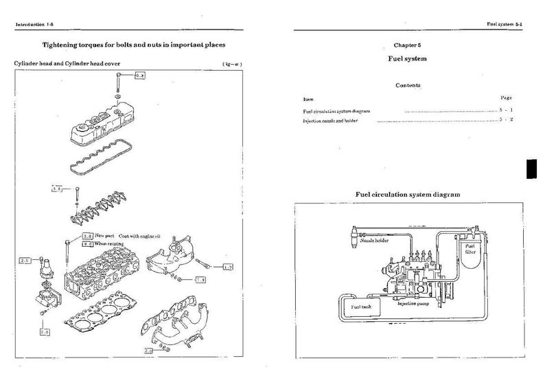 Puede incluir: Diagramas de un manual que muestran componentes del motor y un esquema del sistema de combustible. La p&aacute;gina izquierda detalla los componentes de la culata, mientras que la p&aacute;gina derecha ilustra un diagrama del sistema de circulaci&oacute;n de combustible.