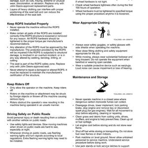 May include: A safety manual page with safety guidelines for machinery operation. Includes instructions on seat belt checks, ROPS installation, and safe driving practices on public roads. Also covers clothing, maintenance, and storage.