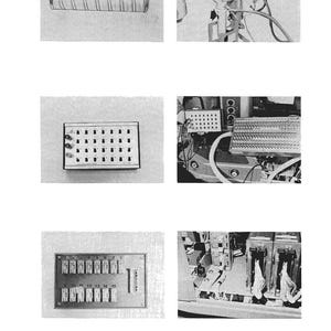 May include: A collection of black and white images showcasing vintage electronic components. The images include a cylindrical object, a control panel with multiple switches, and various circuit boards with wires and connectors. The overall theme suggests a focus on early technology.