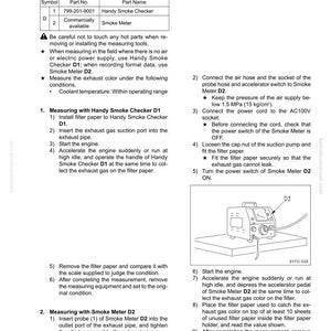 May include: Image of a page from a manual detailing how to measure exhaust color. The text includes instructions for using a Handy Smoke Checker and Smoke Meter D2. A diagram of the Smoke Meter D2 is also shown.