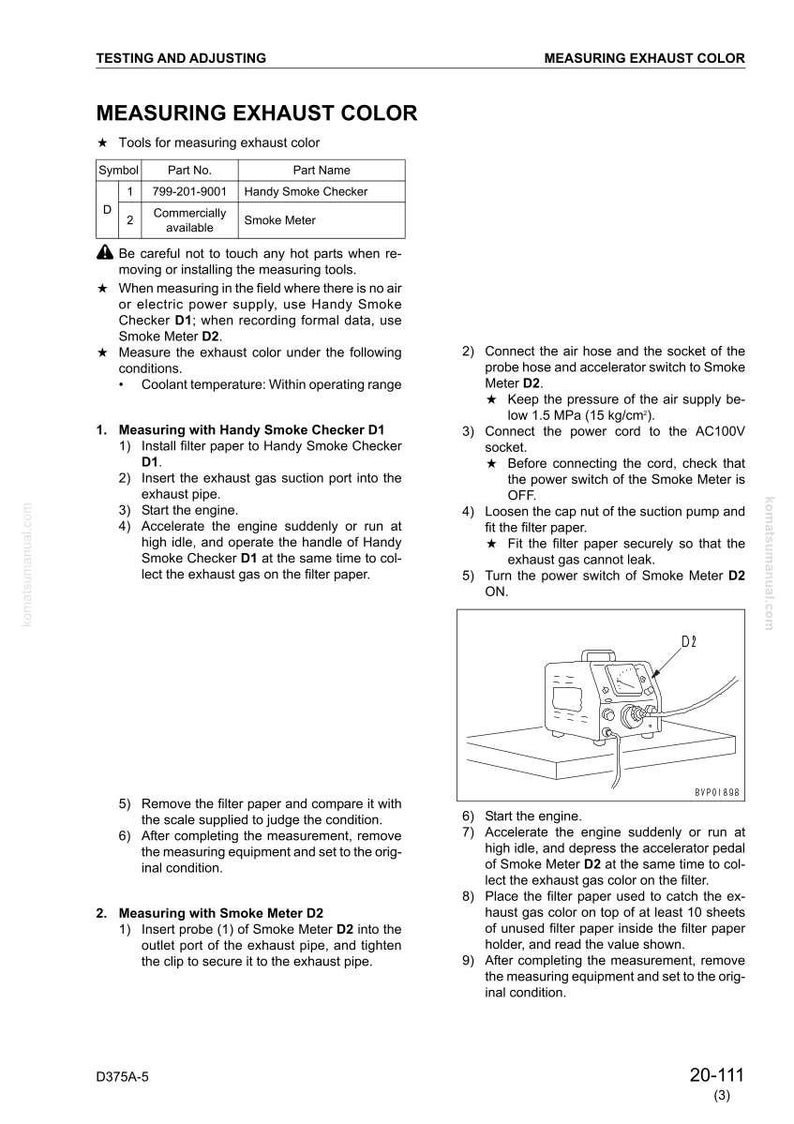 May include: Image of a page from a manual detailing how to measure exhaust color. The text includes instructions for using a Handy Smoke Checker and Smoke Meter D2. A diagram of the Smoke Meter D2 is also shown.