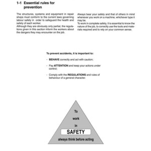 May include: White document with the title "Working in safety" and text about essential rules for prevention. A triangular graphic reads "To work in SAFETY always think before acting."