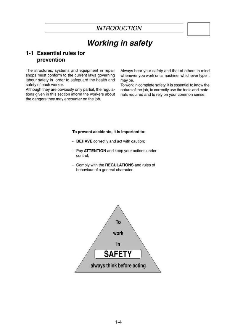 May include: White document with the title "Working in safety" and text about essential rules for prevention. A triangular graphic reads "To work in SAFETY always think before acting."