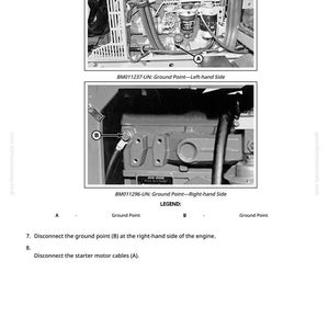 May include: Two detailed diagrams of engine components with labels and text. The top image shows a view of the left side, labeled "BM011237-UN: Ground Point - Left-hand Side." The bottom image shows the right side, labeled "BM011296-UN: Ground Point - Right-hand Side."