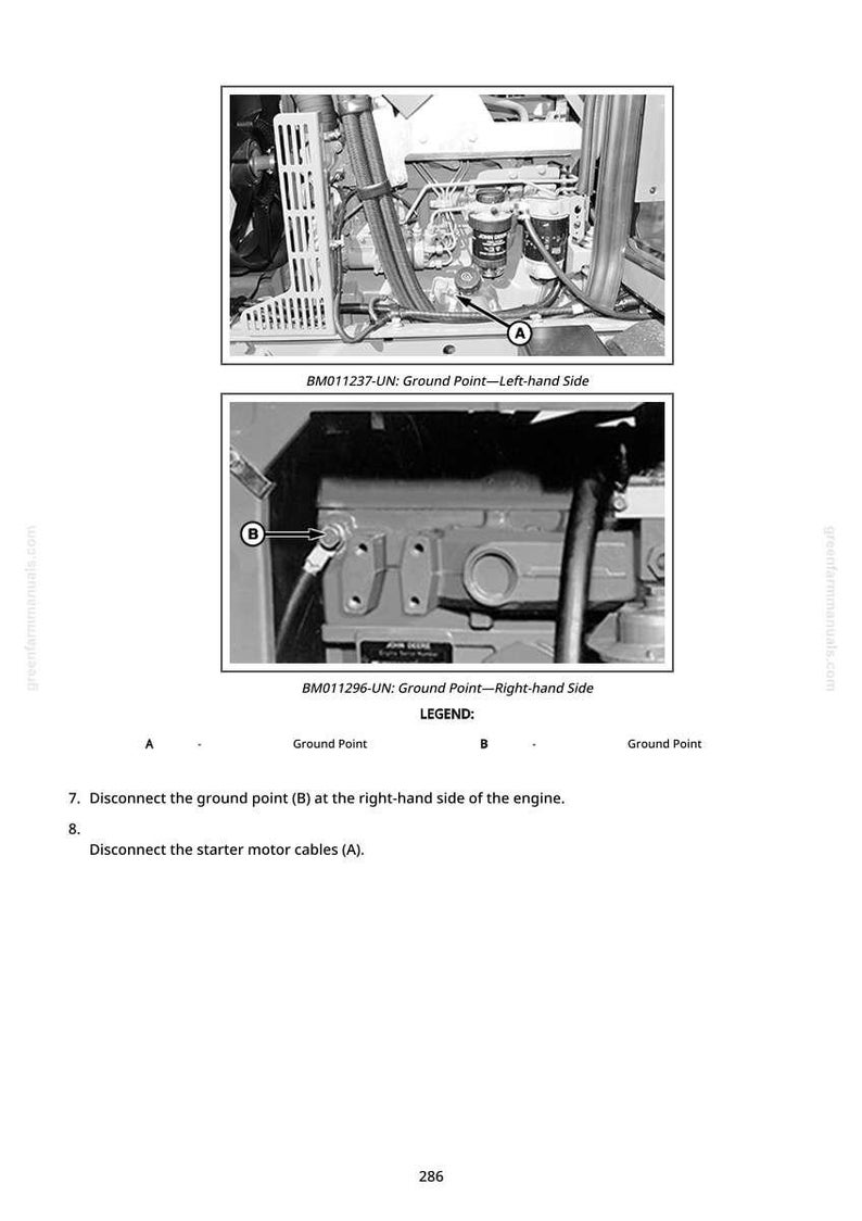 May include: Two detailed diagrams of engine components with labels and text. The top image shows a view of the left side, labeled "BM011237-UN: Ground Point - Left-hand Side." The bottom image shows the right side, labeled "BM011296-UN: Ground Point - Right-hand Side."