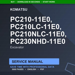 Może przedstawiać: Ciemnoniebieskie tło z logo Komatsu i numerami modeli koparek PC210-11E0, PC210LC-11E0, PC210NLC-11E0 i PC230NHD-11E0. Pod numerami znajduje się napis "Excavator". Niebieski prostokąt z napisem "SERVICE MANUAL".